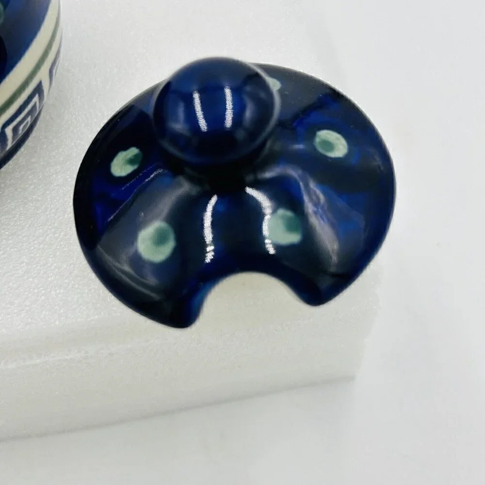 Boleslawiec Polish Pottery Hand Painted Greek Key Pattern Sugar/Jam Bowl w/Lid